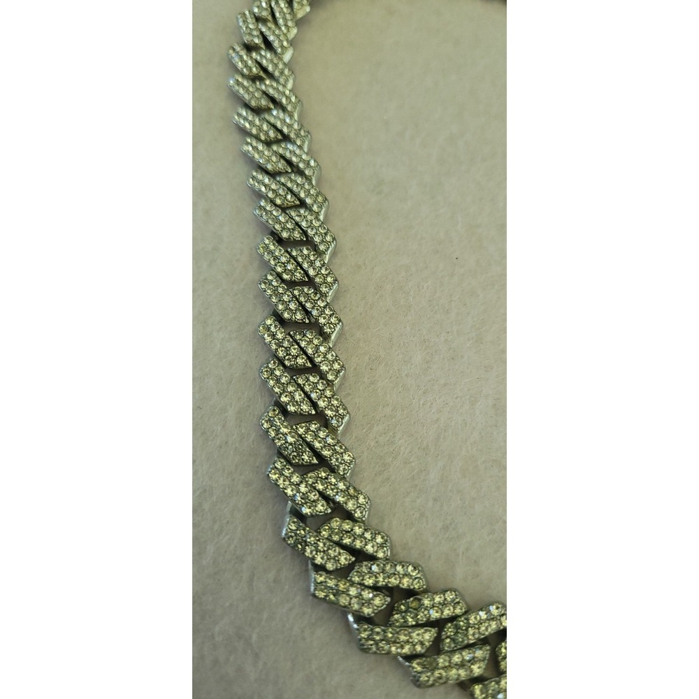 Vintage Rhinestone Curb Chain Choker Necklace Silver Tone 14in Statement Flaw - Picture 11 of 11